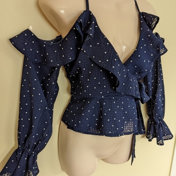 RUNAWAY polka dot blue and white off the cold shoulder ruffled wrap top blouse s - Picture 6 of 16